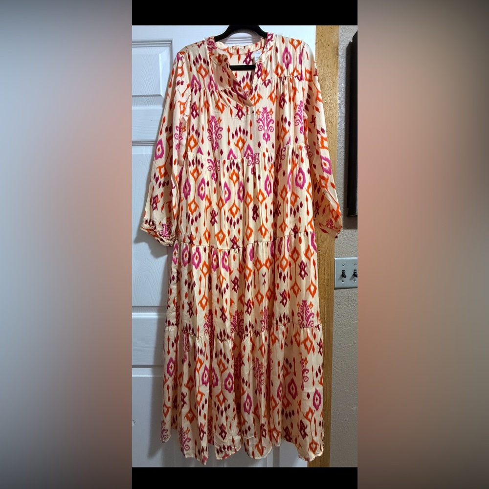 Bohemian Long Sleeve Dress in Cream and Orange